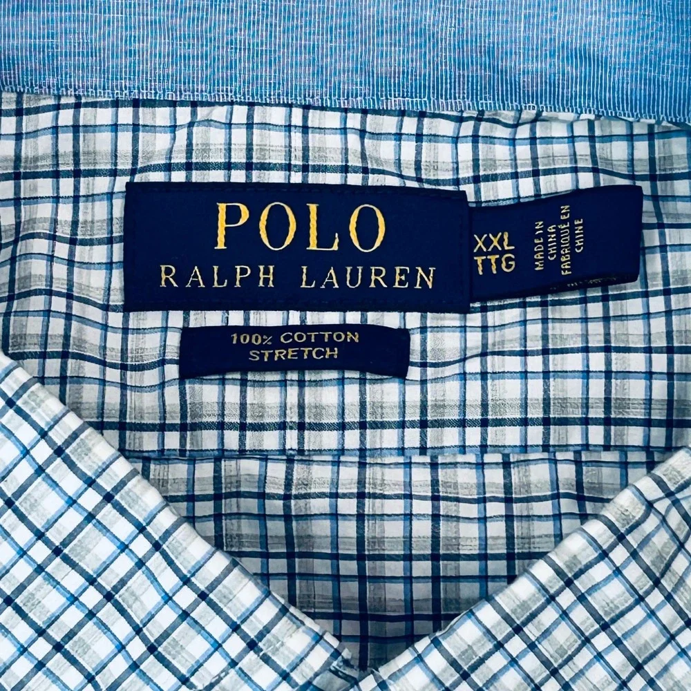 Polo Ralph Lauren Classic Fit Shirt Men XXL Blue White Gray Plaid Stretch Preppy